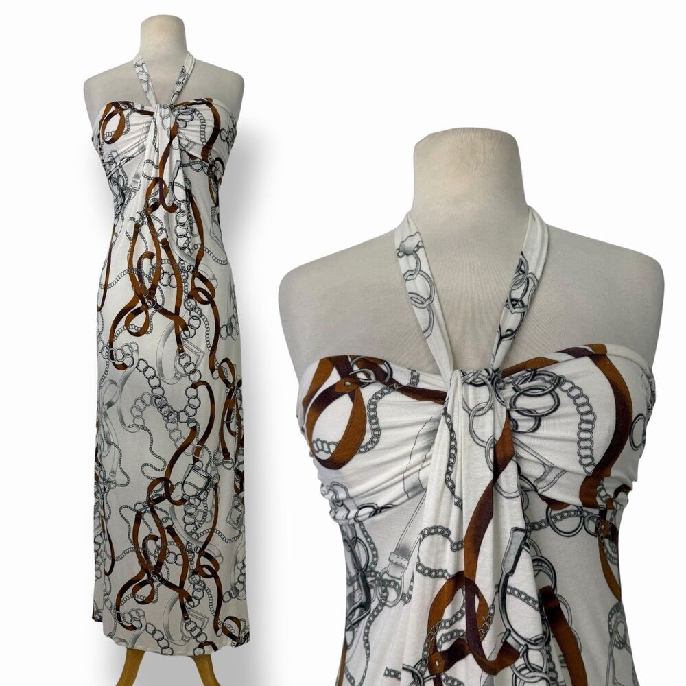 VTG Cache Quiet Luxury Equestrian Chain Print Halter Ruched Maxi Dress Small